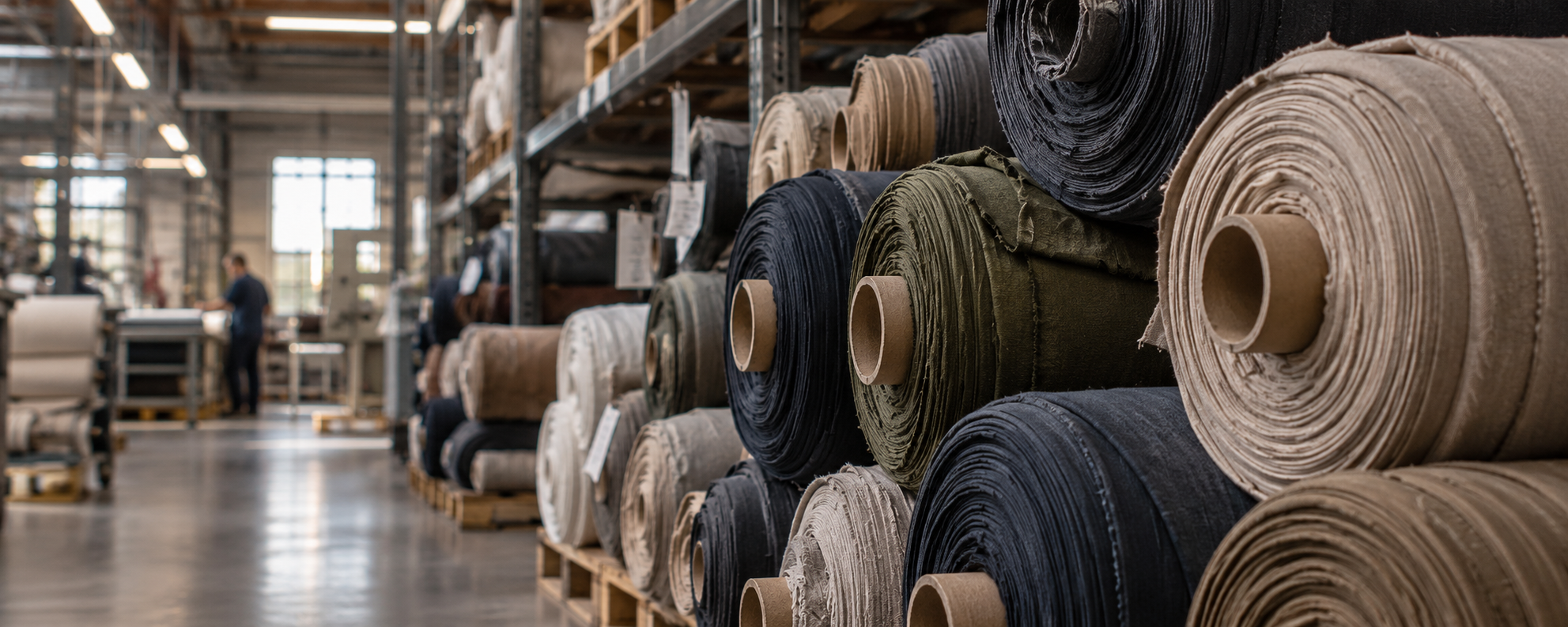 Rollen stof voor bedrijfskleding in het magazijn van een textielproducent