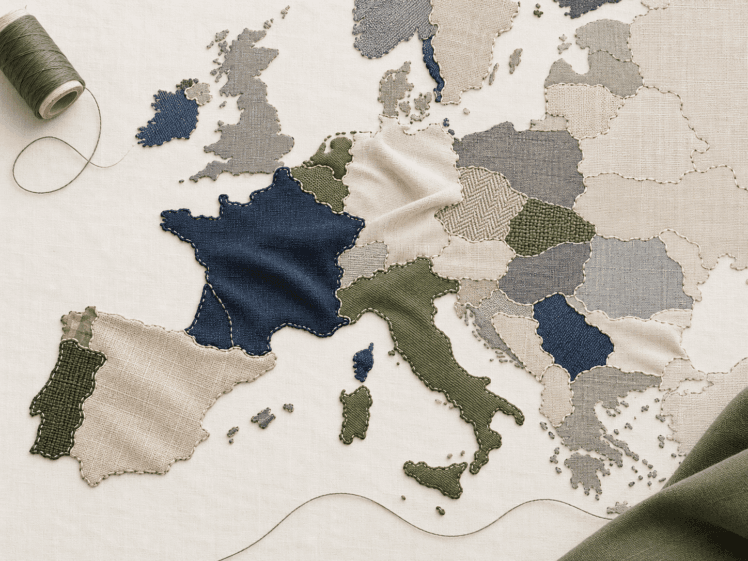 Kaart van Europa, gemaakt van stof en garen