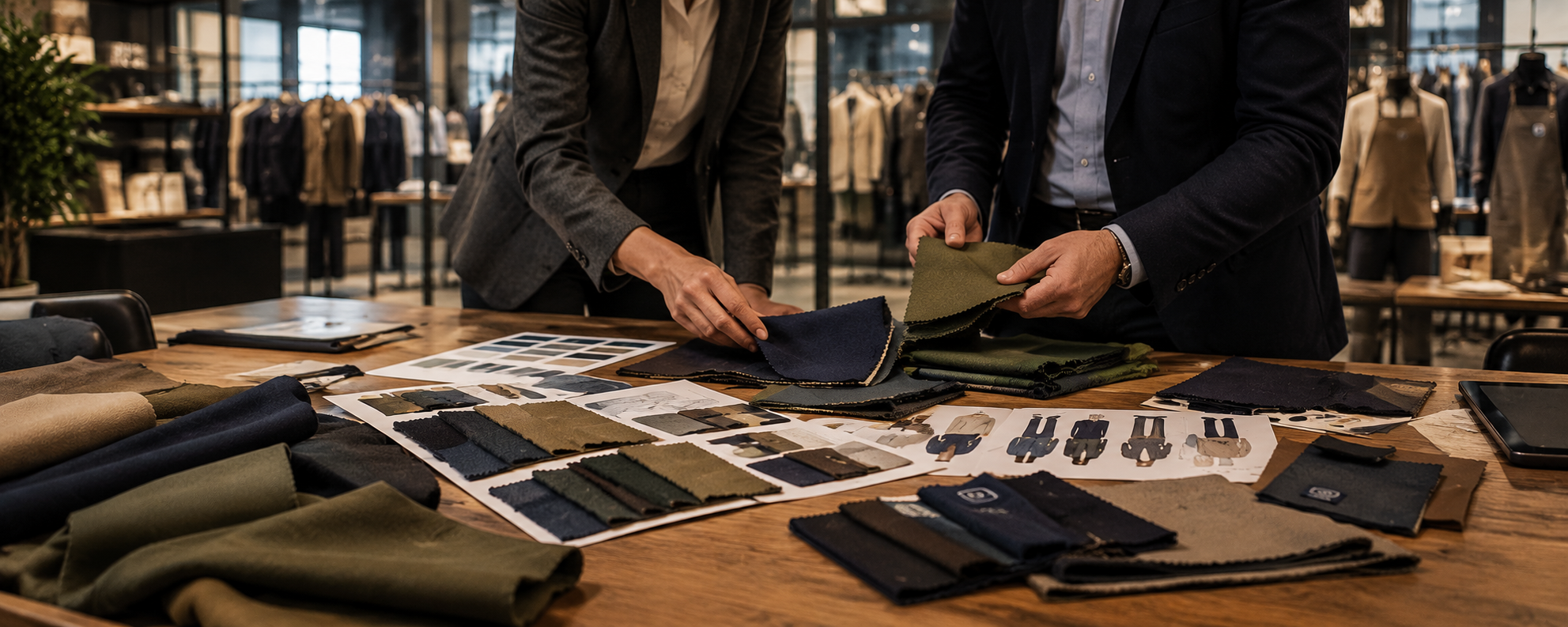 Stofstalen en ontwerpen voor bedrijfskleding op tafel in een showroom