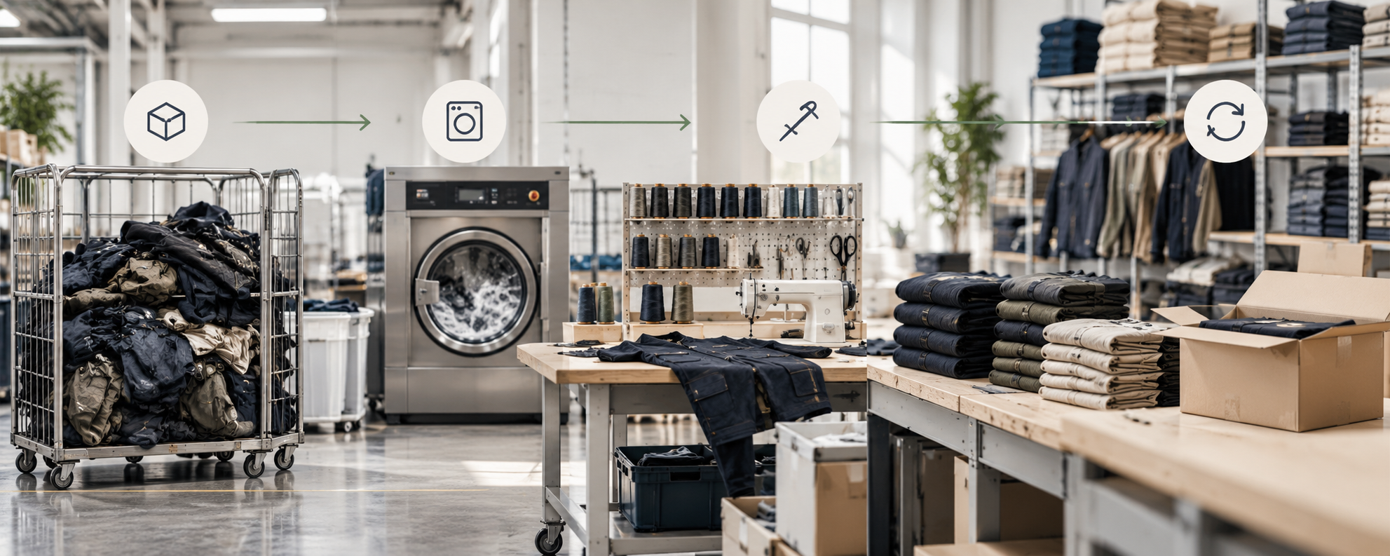 Repair & Reuse in vier stappen: ingenomen bedrijfskleding wordt gewassen, hersteld en opnieuw uitgegeven